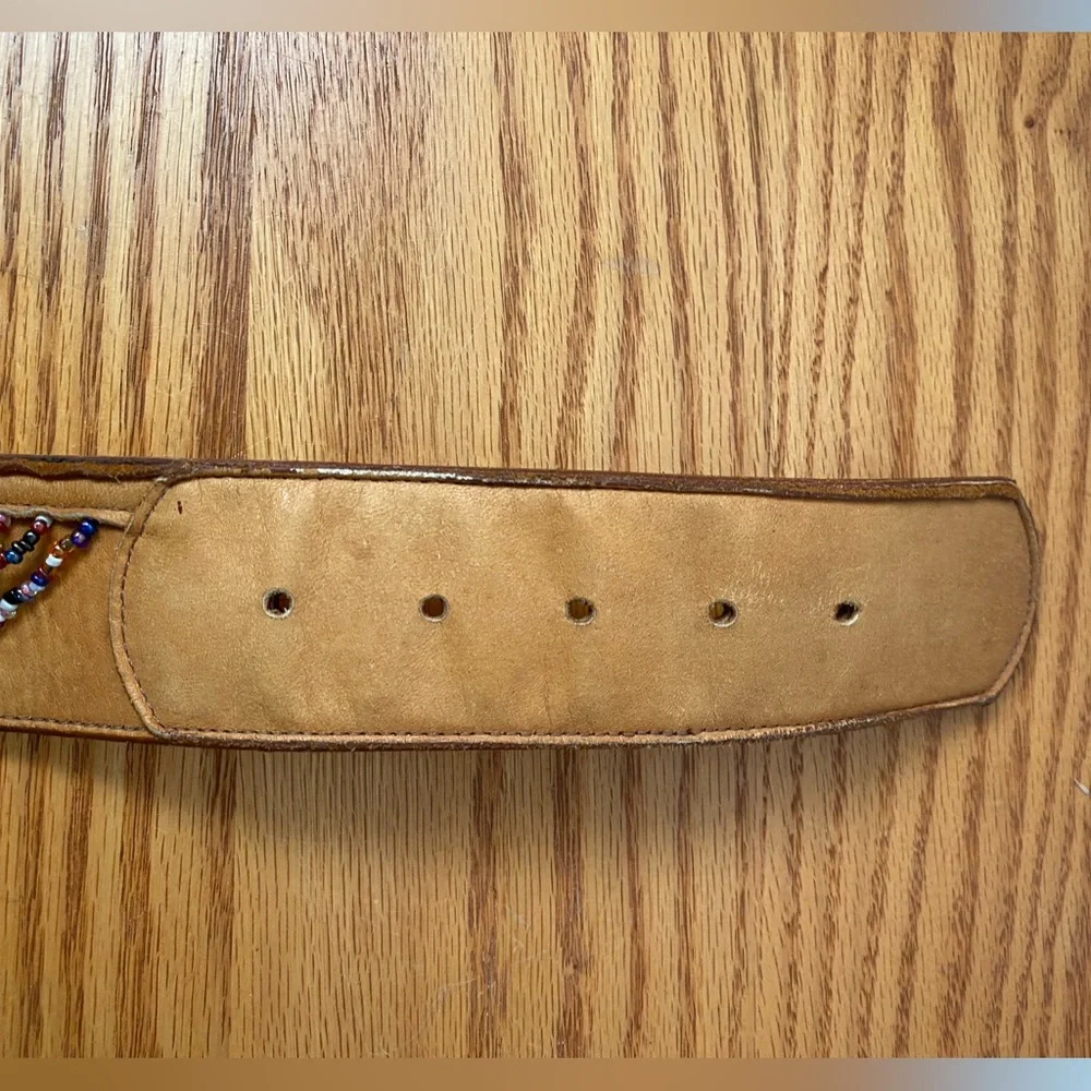 Catherine‎ Dial Easley Tan Leather Aztec Chunky  Buckle Beaded Western Belt SZ S